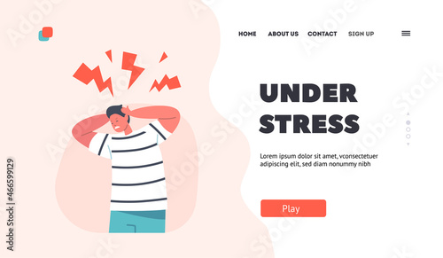 Kid Stress Landing Page Template. Furious Boy Gnash Teeth with Flashes over Head, Feel Depression and Headache, Migraine