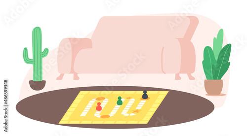 Home Living Room Interior with Board Game on Floor. Kids Boardgame with Snake Path and Chips, Walk Puzzle for Family