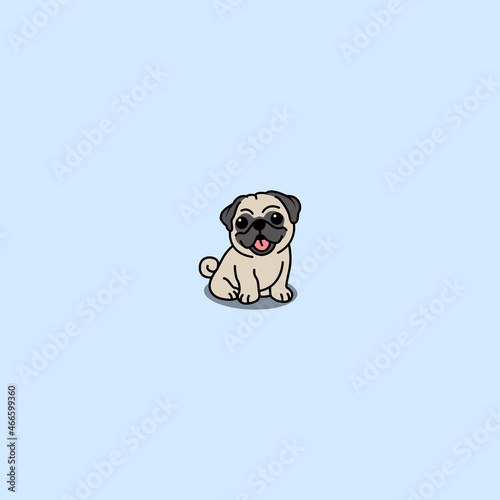 Cute pug dog sitting cartoon, vector illustration