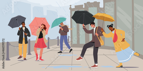 People with Umbrellas Walking at Rain. Happy Drenched Passerby at Rainy Autumn or Spring Weather Day, Characters Walk