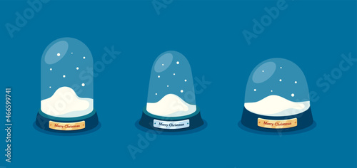 Empty Glass Domes With Falling Snow, Christmas Souvenirs Isolated on Blue Background. Containers, Festive Elements