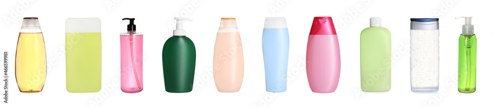 Set with different shower gels on white background. Banner design - obrazy, fototapety, plakaty 