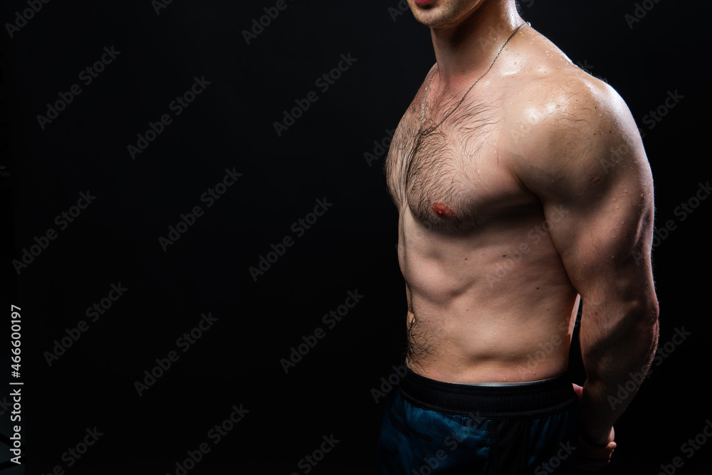Fototapeta premium Man on black background keeps dumbbells pumped up in fitness bodybuilding sexy torso, muscular fitness athletic shirtless lifestyle. Attractive skin adult, gym fit hands behind your back, press tense