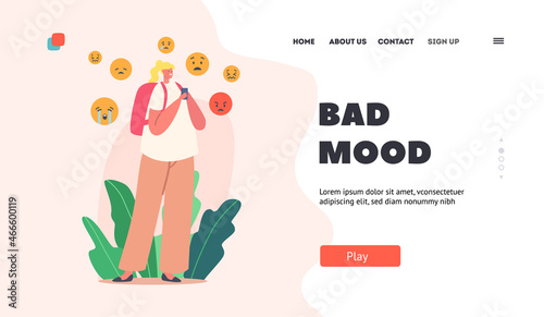 Bad Mood Landing Page Template. Cyber Bullying, Abuse, Social Attack, Bully Hate. Girl Character Crying with Smartphone