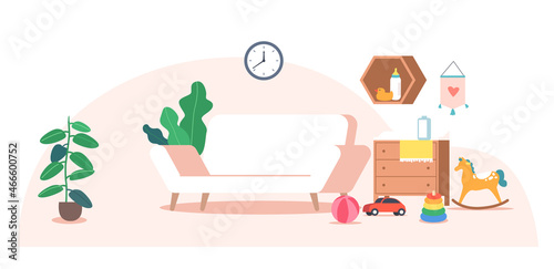 Empty Living Room with Kids Toys and Furniture. Indoors Apartment Interior with Sofa, Potted Plants, Dresser and Shelf