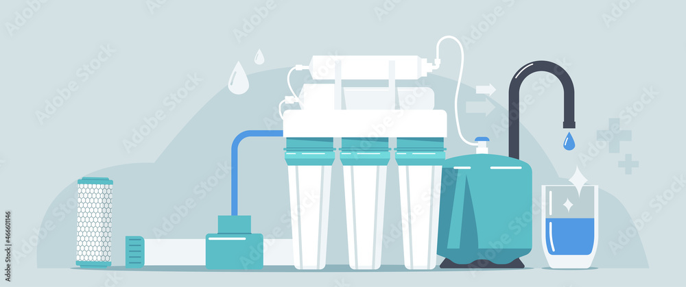 Fototapeta premium Water Filter, Reverse Osmosis Natural Fresh Aqua Purification System. Undersink House Water Filter, Purity, Filtration