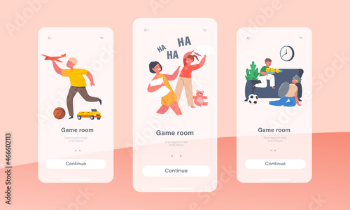 Game Room Mobile App Page Onboard Screen Template. Naughty Hyperactive Children Fight, Little Girls and Boys Playing