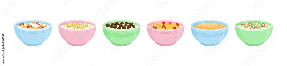 Cereal milk breakfast in bowl vector set, corn flakes and porridge ...