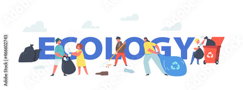 Ecology Protection Concept. Children Collect Trash, Social Charity, Volunteers Cleaning Garbage, Kids Volunteering