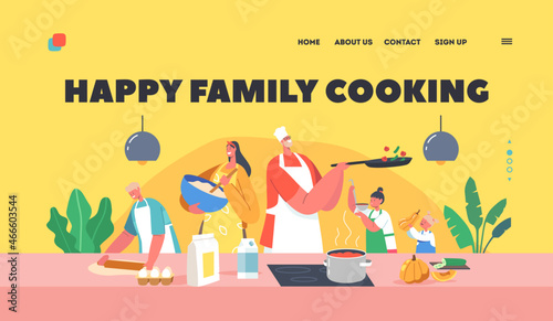 Happy Family Cooking Landing Page Template. Father, Mother and Kids on Kitchen Preparing Food, Parents and Children