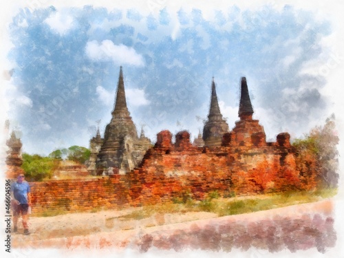 Ancient architecture of Thailand watercolor style illustration impressionist painting.