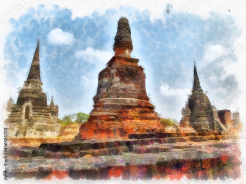 Ancient architecture of Thailand watercolor style illustration impressionist painting.