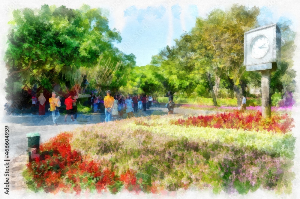 Obraz premium park landscape watercolor style illustration impressionist painting.