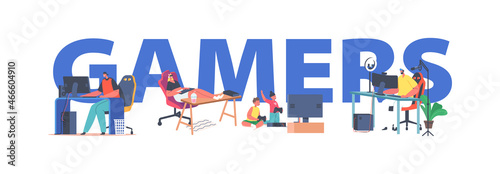Gamers Playing Computer Games Concept. Teenager Characters Wear Headset Cyber Sport Activity, Modern Technologies