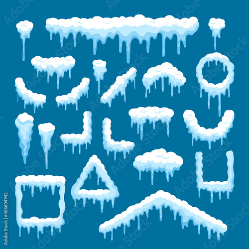 Set Snow Caps with Icicles, Snowballs and Snowdrifts. Winter Snowy Decoration, Christmas Design Elements, Icons
