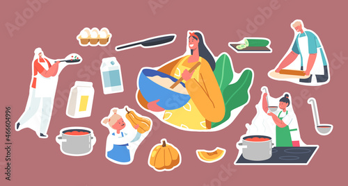 Set of Stickers Family Cooking. Father, Mother, Kids on Kitchen Preparing Food, Parents and Children Meals Preparation