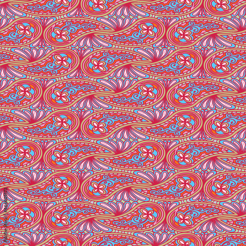 Seamless pattern paisley ornament motif. Bandana Print. Boho vintage style background. Ornament design for Silk neck scarf or kerchief square. Motive for print on fabric or papper.