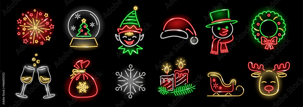 Set of neon Cristmas icons isolated on black background. Elf, deer, wreath, snowman, sleigh, snowflake, firework, candles. New Year, Xmas, winter holidays concept. Vector 10 EPS illustration.