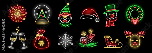Set of neon Cristmas icons isolated on black background. Elf, deer, wreath, snowman, sleigh, snowflake, firework, candles. New Year, Xmas, winter holidays concept. Vector 10 EPS illustration.