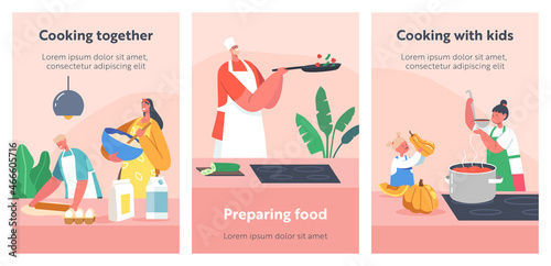 Happy Family Cooking at Home Cartoon Posters. Father, Mother and Kids on Kitchen Preparing Food, Parents and Children