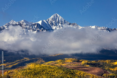 Wilson Peak with snow and fall colors in the San Juan Mountains near Telluride, Colorado