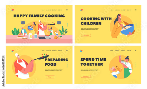 Happy Family Cooking Landing Page Template Set. Father, Mother and Kids on Kitchen Preparing Food, Weekend Recreation