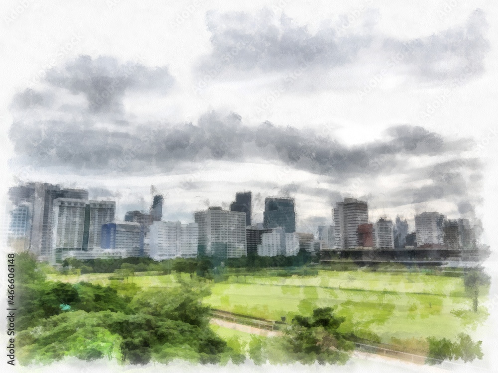 landscape of buildings in the city watercolor style illustration impressionist painting.