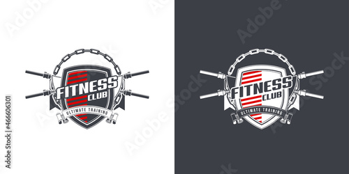 logo athletic club for bodybuilding, powerlifting, weightlifting, crossfit and fitness training. Barbell club logo vintage design isolated on background. Emblem for gym and heavy training of strongman