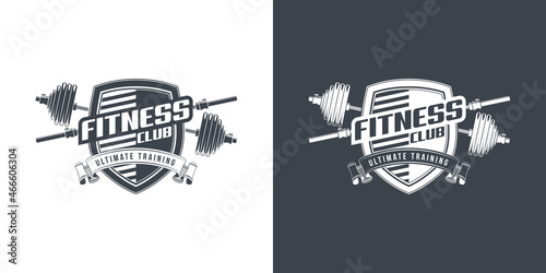 logo athletic club for bodybuilding, powerlifting, weightlifting, crossfit and fitness training. Barbell club logo vintage design isolated on background. Emblem for gym and heavy training of strongman