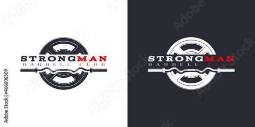 logo athletic club for bodybuilding, powerlifting, weightlifting, crossfit and fitness training. Barbell club logo vintage design isolated on background. Emblem for gym and heavy training of strongman
