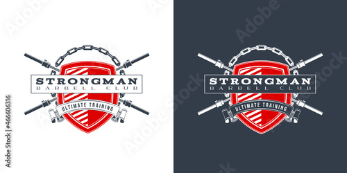 logo athletic club for bodybuilding, powerlifting, weightlifting, crossfit and fitness training. Barbell club logo vintage design isolated on background. Emblem for gym and heavy training of strongman
