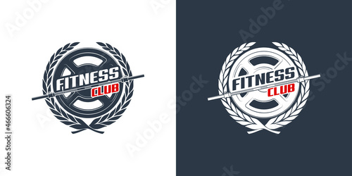 logo athletic club for bodybuilding, powerlifting, weightlifting, crossfit and fitness training. Barbell club logo vintage design isolated on background. Emblem for gym and heavy training of strongman