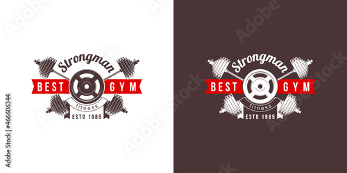 logo athletic club for bodybuilding, powerlifting, weightlifting, crossfit and fitness training. Barbell club logo vintage design isolated on background. Emblem for gym and heavy training of strongman