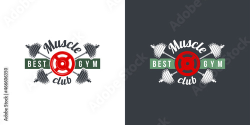 logo athletic club for bodybuilding  powerlifting  weightlifting  crossfit and fitness training. Barbell club logo vintage design isolated on background. Emblem for gym and heavy training of strongman