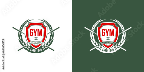 logo athletic club for bodybuilding, powerlifting, weightlifting, crossfit and fitness training. Barbell club logo vintage design isolated on background. Emblem for gym and heavy training of strongman
