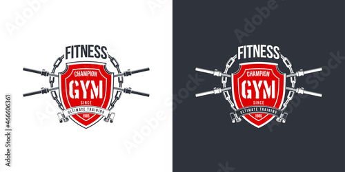 logo athletic club for bodybuilding, powerlifting, weightlifting, crossfit and fitness training. Barbell club logo vintage design isolated on background. Emblem for gym and heavy training of strongman