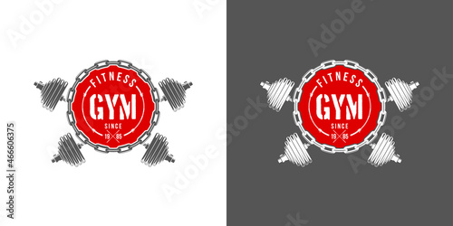 logo athletic club for bodybuilding, powerlifting, weightlifting, crossfit and fitness training. Barbell club logo vintage design isolated on background. Emblem for gym and heavy training of strongman