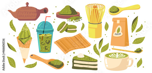 Set Tea Matcha Products, Isolated Cup with Beverage, Tea Powder, Packaging, Bamboo Mat and Spoon, Whisk, Ceramic Bowl