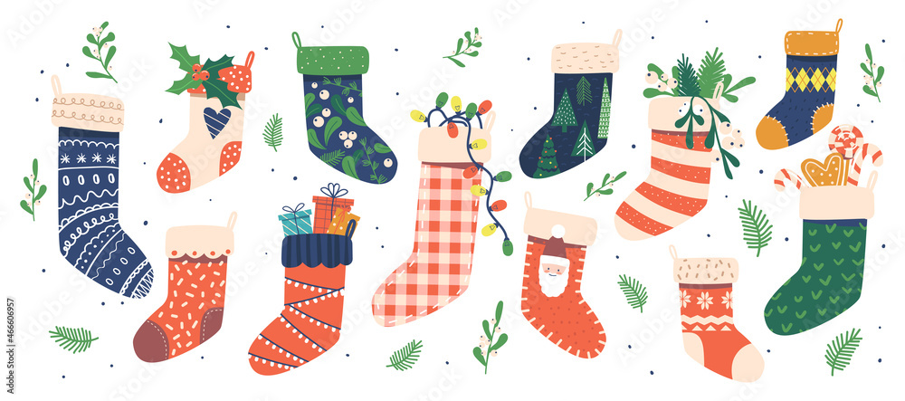 Set of Colorful Christmas Socks Isolated on White Background. Winter Collection of Stockings with Sweets, Xmas Element
