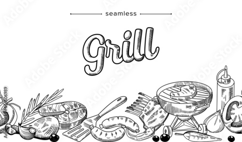 Grill Food Doodle Seamless Pattern. Monochrome Drawing with Meat or Fish Steaks, Sausages, Barbecue Machine, Turner