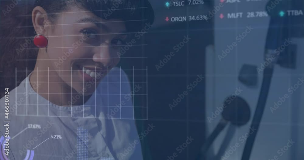 Animation of financial data processing over people people at the gas station Animation of financial data processing over people people at the gas station