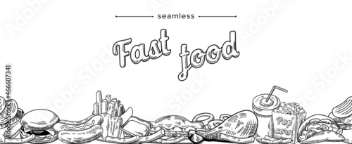 Sketch Fast Food Meals Doodle Soda Drink and Burger With French Fries. Engraved Monochrome Potato Chips, Hot Dog