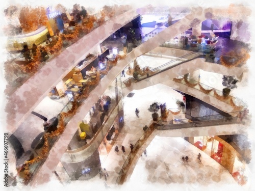 inside shopping mall watercolor style illustration impressionist painting.