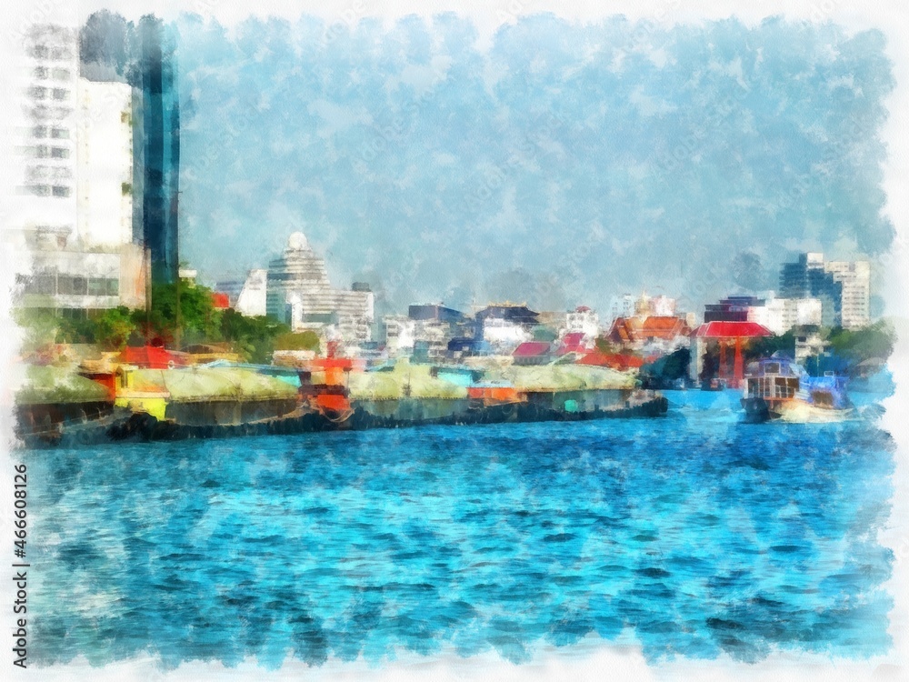 city river landscape watercolor style illustration impressionist painting.