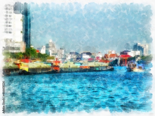 city river landscape watercolor style illustration impressionist painting.