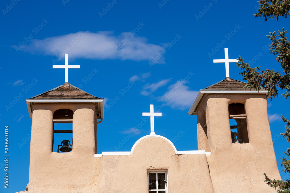 San Francisco de Asis Mission Church facade and exterior at Ranchos de Taos, New Mexico