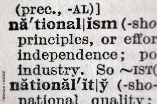 Word "nationalism" printed on book page, macro close-up	
