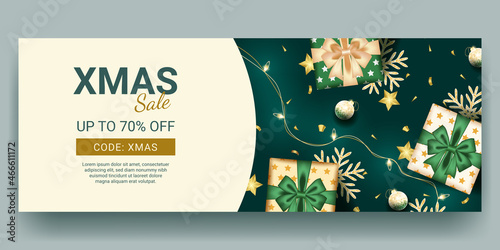 christmas sale banner with realistic green decoration
