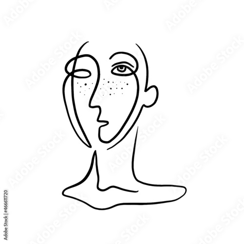 Woman face continuous line drawing. Expressions art in Picasso style. Abstract minimal woman portrait. Logo, icon, label.