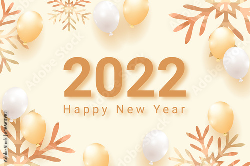 Happy new year 2022 greeting card with balloons and snowflakes background, greeting card in autumn colors